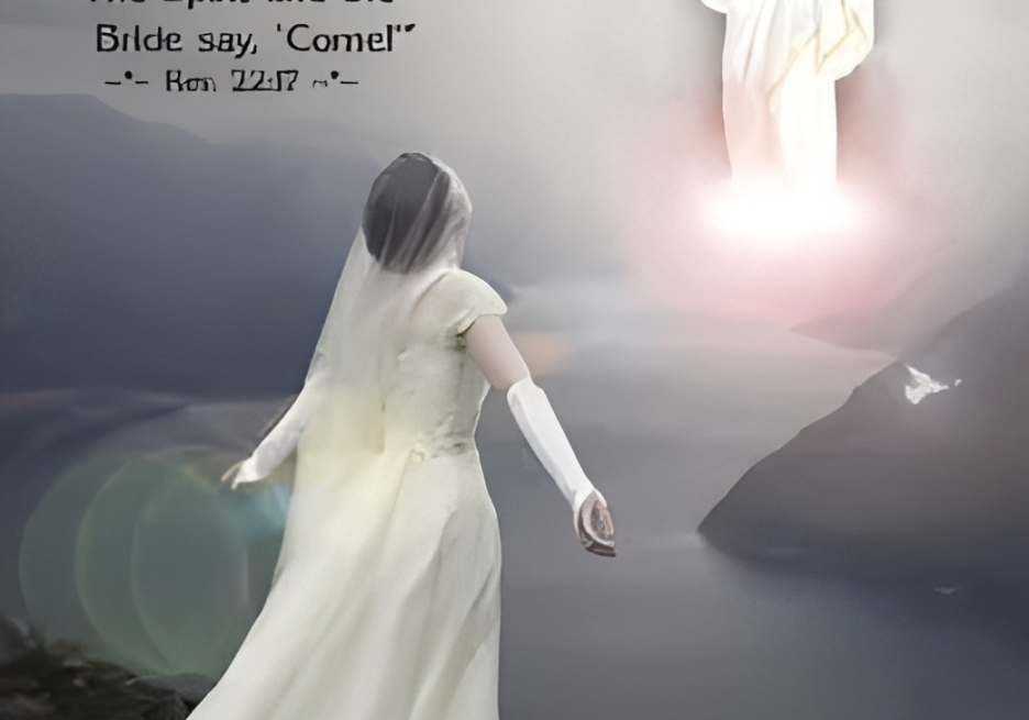 Bride in white before radiant figure